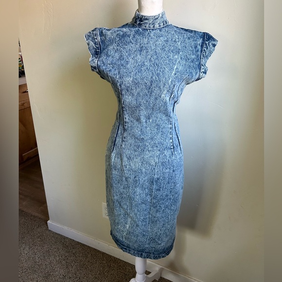 Vintage Paris Blues 90s Acid Wash Mock Neck Bodycon Backless Midi Dress - Picture 4 of 10